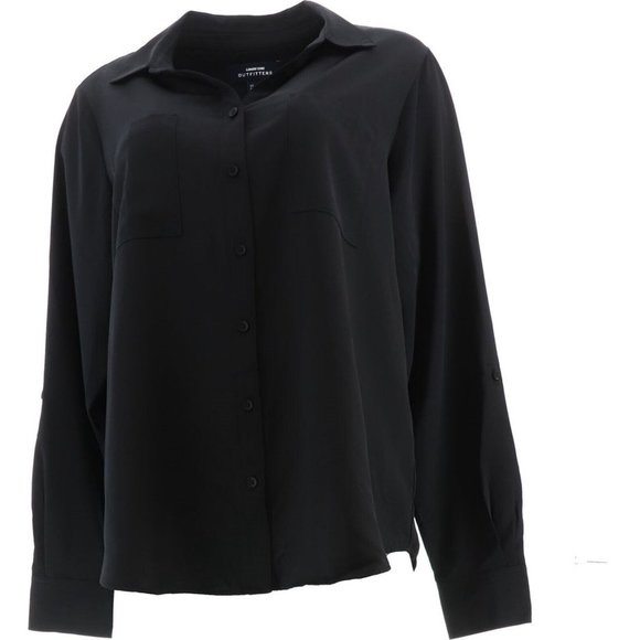 NWT LANDS' END LONG SLEEVE ROLLED TAB SLEEVE SOFT BLOUSE‎ BLACK 14P (PETITE) - Picture 1 of 11